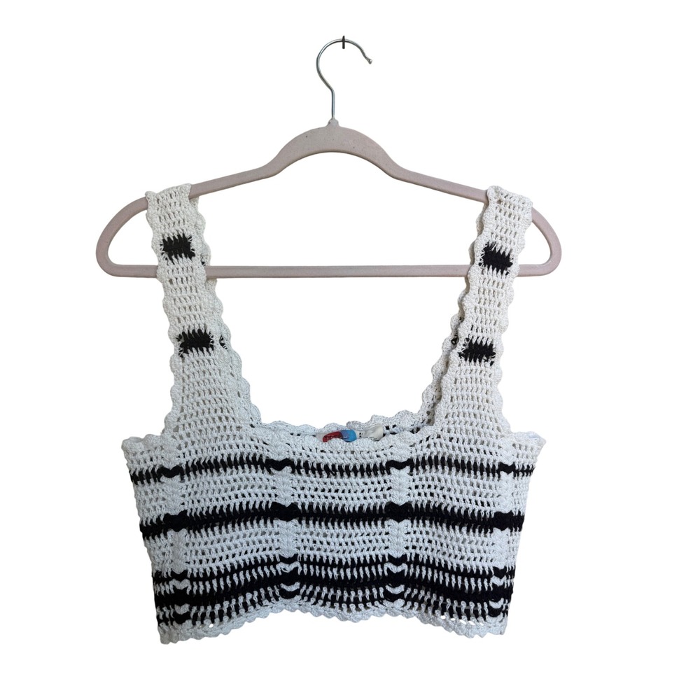 Free People Beach Crochet Striped Crop Top White Black Square Neck Size Medium